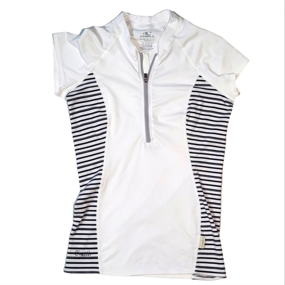 O'Neill Slim Fit Size Small White Grey Striped Quarter Zip Short Sleeve - Picture 1 of 3